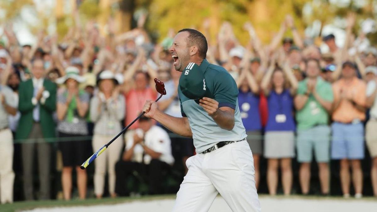 Spain’s Sergio Garcia reacts after making his birdie putt on the 18th green Sunday to win the Masters tournament after a playoff against England’s Justin Rose.
