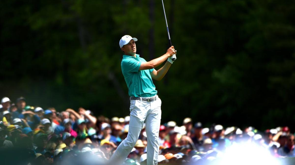 Jordan Spieth watches the flight of his ball from the 12th tee box during first round action of The Masters Tournament on Thursday, April 7, 2016 at Augusta National Golf Club in Augusta, GA. Spieth leads the field at -6.