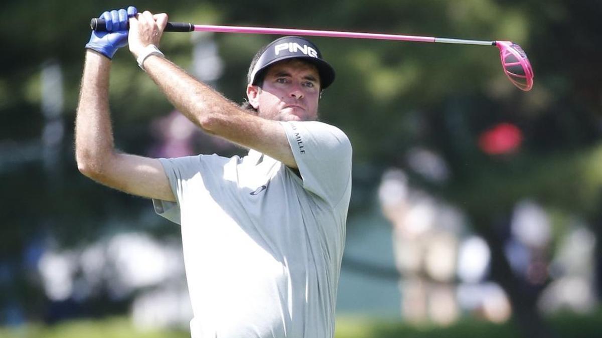 Bubba Watson watches his tee shot on the 17th hole during a practice round for the PGA Championship at Baltusrol Golf Club on Wednesday.