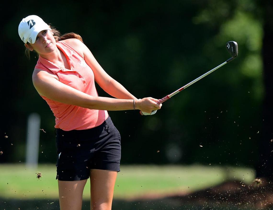 Allison Emrey hits a drive from a fairway during practice at Raintree Country Club in Charlotte, NC on Thursday, May 12, 2016. Emrey will be competing in the Symetra Classic at the club beginning on Friday.