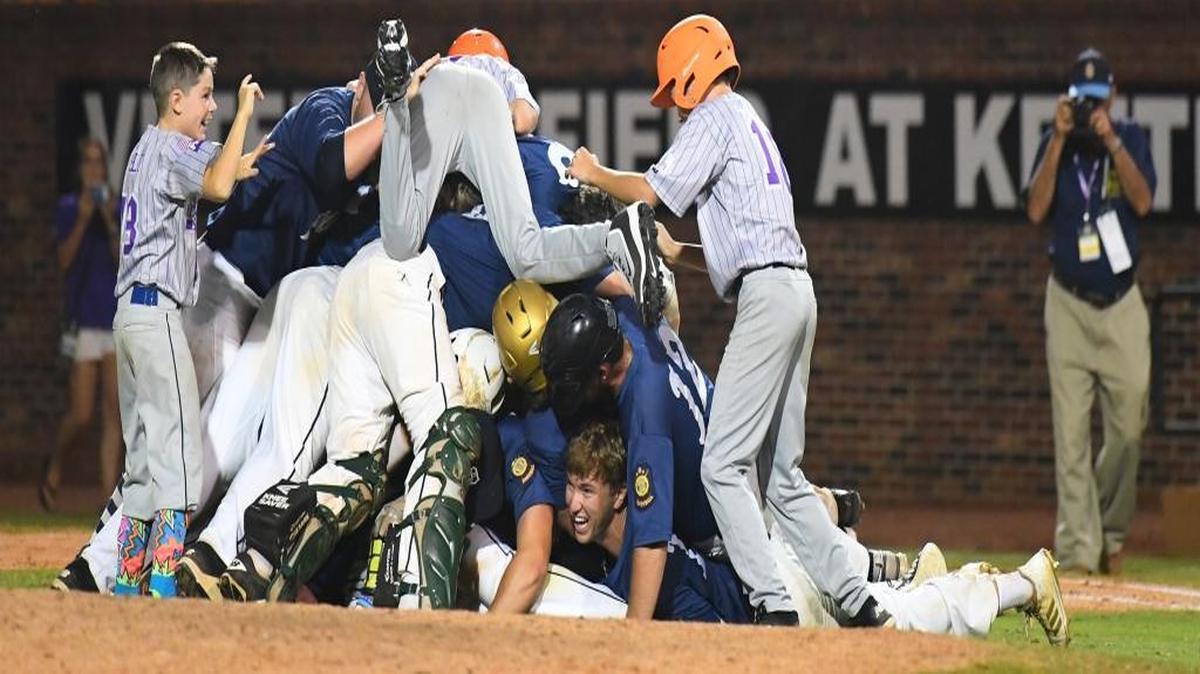 Post 1 of Wilmington Del., celebrates after winning the American Legion World Series title Tuesday night in Shelby.