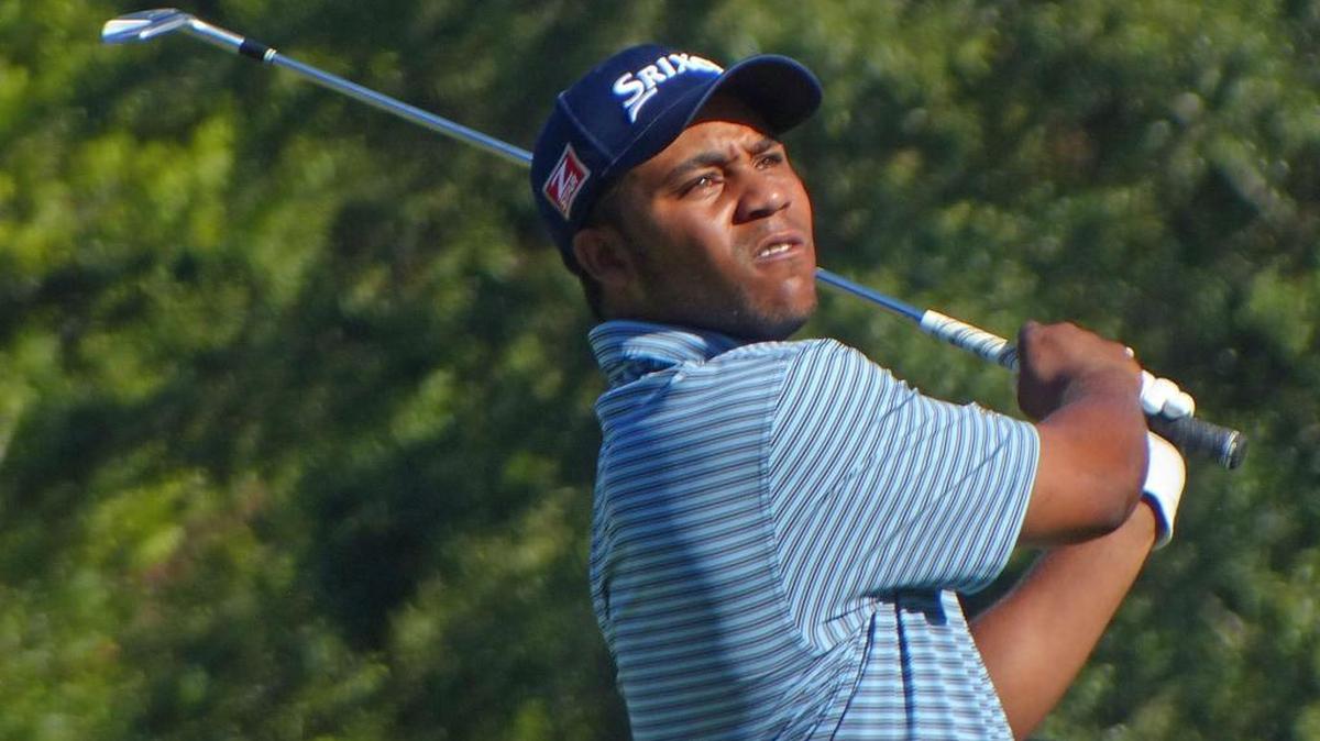 
Harold Varner III watches his shot from the eighth tee during the first round of the Web.com Tour’s Small Business Conection Championship at River Run Country Club in Davidson. Varner shot a 5-under-par 67. 
