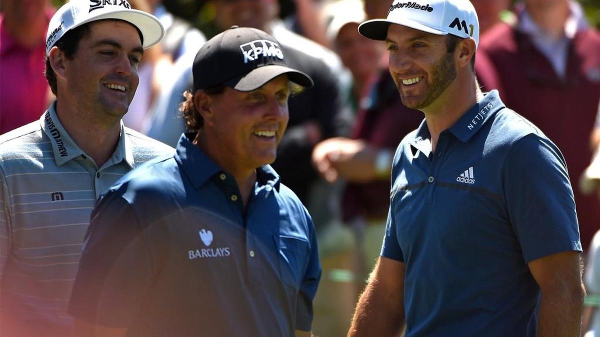 Dustin Johnson, right, will try to capture his first major title this week at the Masters tournament. Tuesday, he shared laughs with three-time champion Phil Mickelson, center, and Keegan Bradley during a practice round at Augusta National Golf Club.