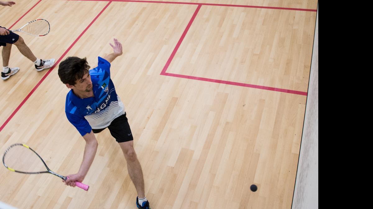 
Amand Fareed stretches to reach the ball during a match at the Charlotte Open squash tournament at the Charlotte Squash Club in Charlotte, Thursday, April 23, 2015. Mexico’s Eric Galvez survived a five-game battle with English pro Lewis Walters on Sunday to win the Charlotte Open’s championship match at the Charlotte Squash Club.
