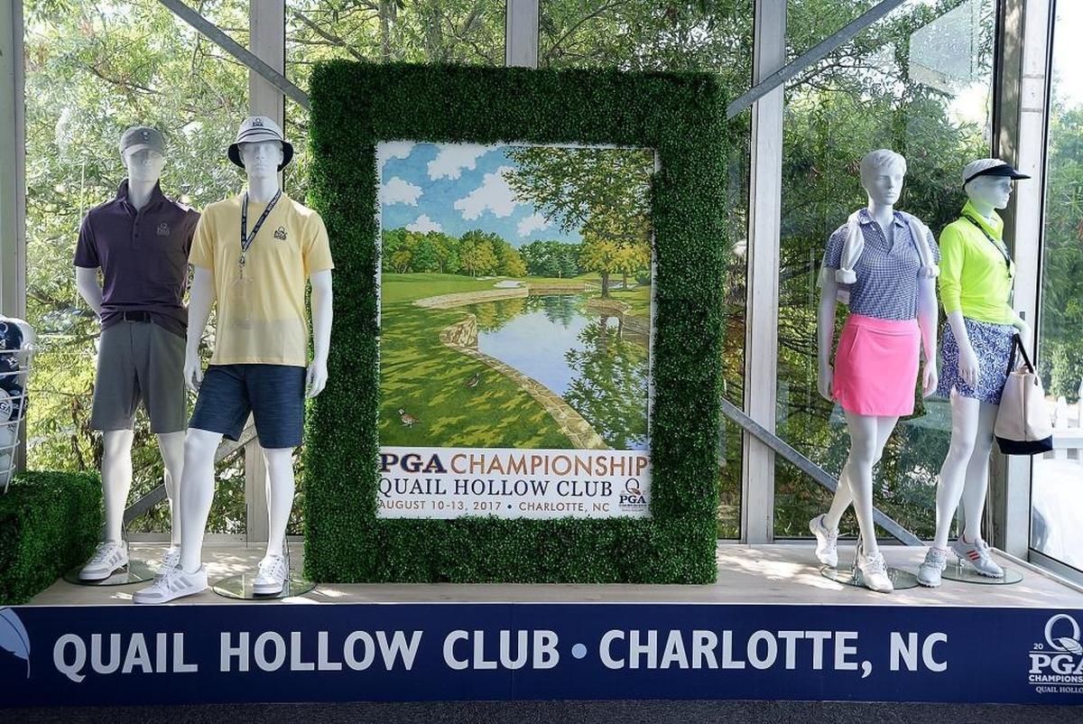 Clothing displays at The Championship Shops, a new merchandise tent area at Quail Hollow Club for the PGA Championship.