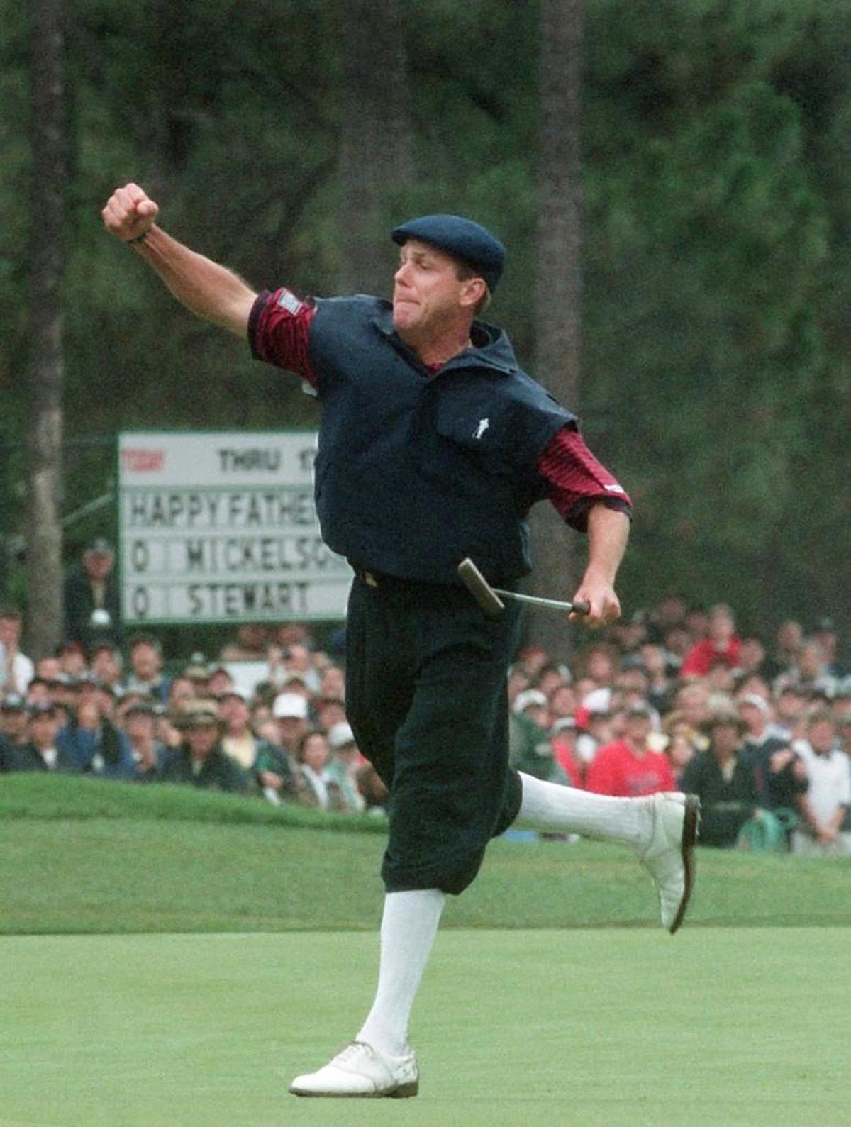Payne Stewart celebrates the winning putt on the 18th green of Pinehurst No. 2 in the 1999 U.S. Open.