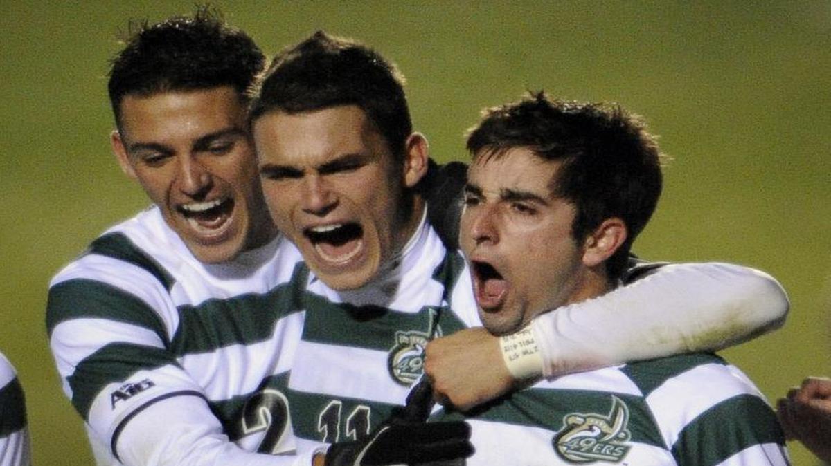 
Former Charlotte 49ers stars Tyler Gibson (right) and Giuseppe Gentile (center) have been reunited with the North American Soccer League’s San Antonio Scorpions.
