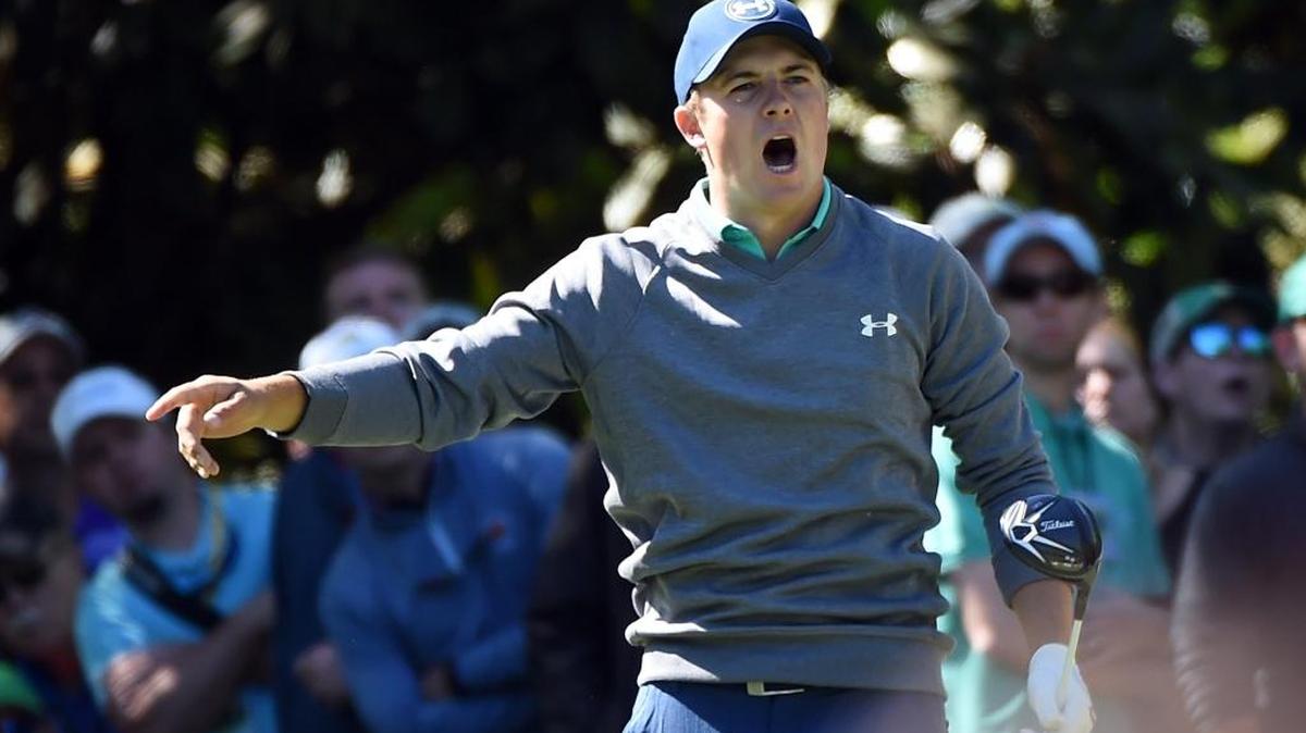 Jordan Spieth of the United States reacts to his tee shot on the seventh hole during the third round of the 2016 Masters Tournament at Augusta National Golf Club on Saturday, April 9 in Augusta, Georgia.
