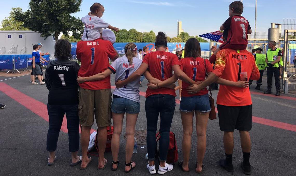 From left, Donna Naeher, John Naeher (with Annette Korman on shoulders), Abigail Korman, Amanda Naeher, Michaela Korman and Matt Korman (with Judah Korman on shoulders). Michaela is Matt’s sister.
