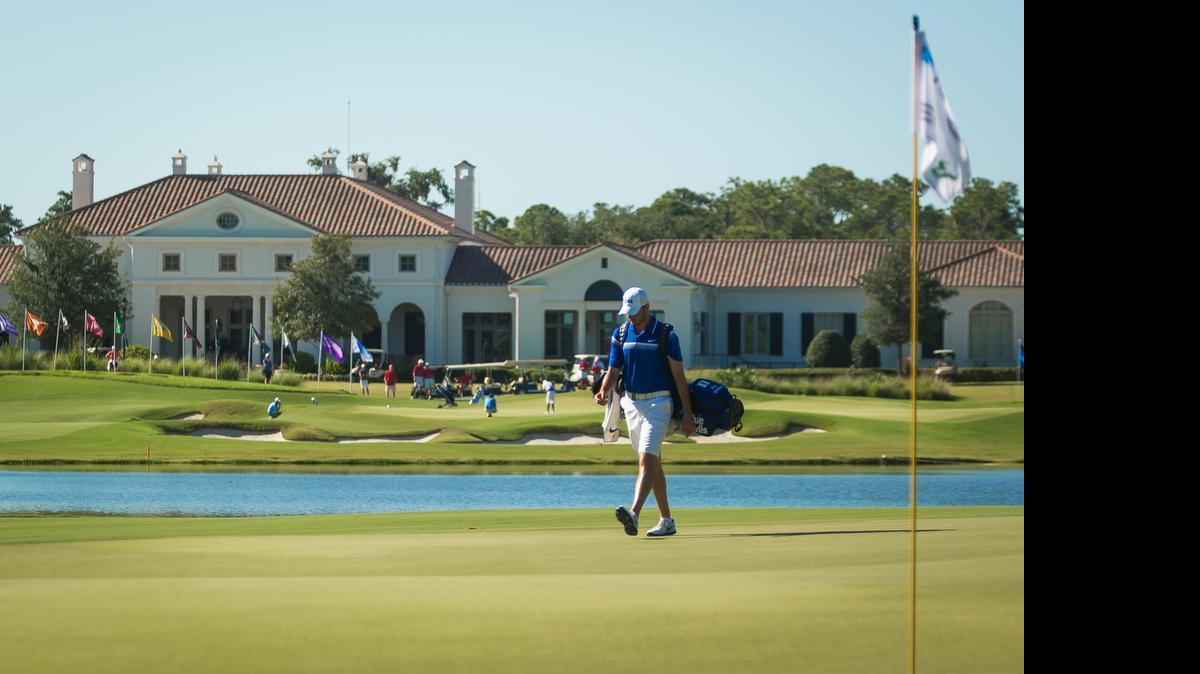 
Duke's Jake Shuman walks onto the 10th green during the first round  of the NCAA Men's Golf Championships at The Concession Golf Club in Bradenton, Fla. on Friday, May 29, 2015. 
