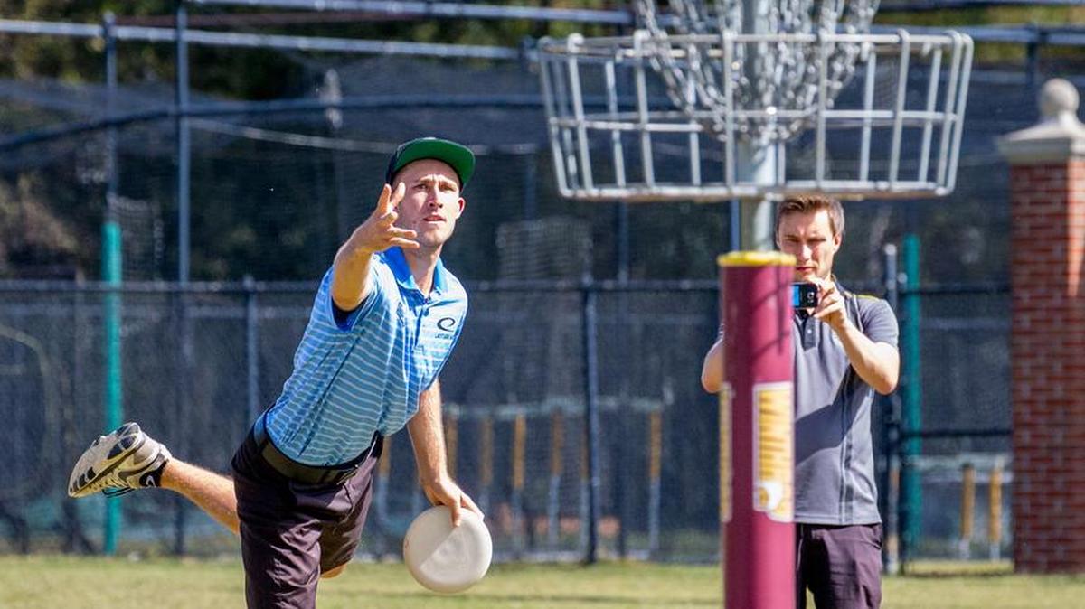 Ricky Wysocki of Fort Mill, S.C., makes the birdie putt on hole No. 10 Thursday during round two of the United States Disc Golf Championship held at Winthrop University in Rock Hill, S.C