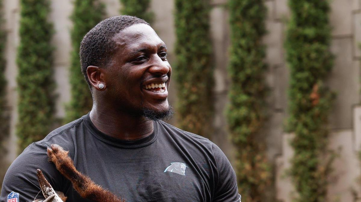Panthers defensive tackle Tershawn Wharton cardles a young goat in his arms after Monday’s goat yoga session at Bank of America. The Panthers brought in the goats as part of mental health awareness month.