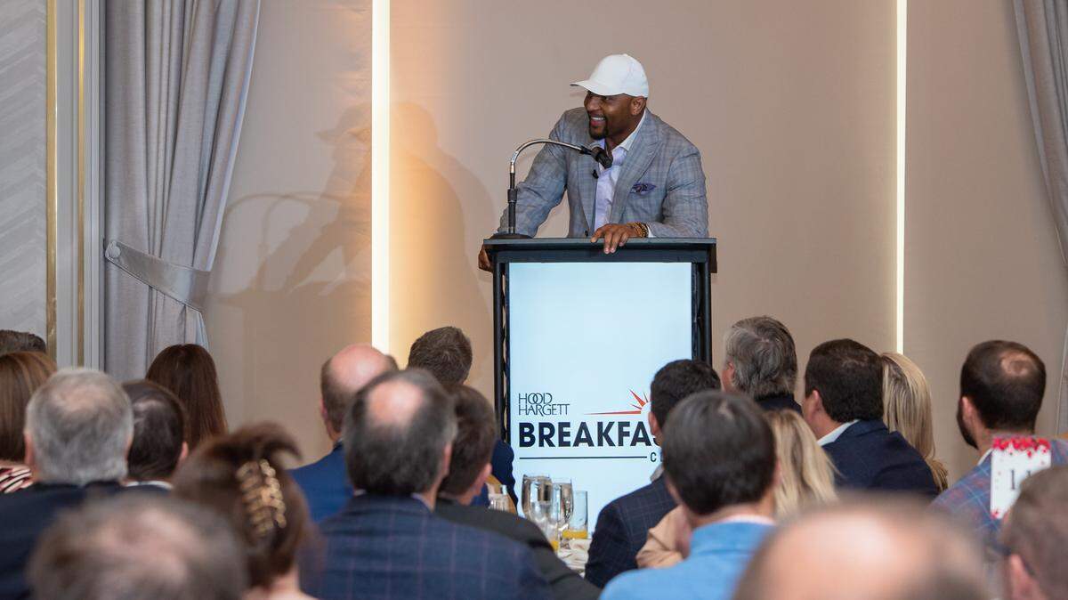 Ray Lewis, longtime linebacker for the Baltimore Ravens and NFL legend, speaks at Carmel Country Club in Charlotte on a speaking tour on Friday, Jan. 12, 2024.