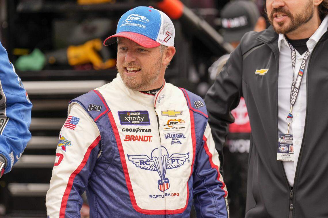 NASCAR Xfinity Series driver Justin Allgaier (7) on the pole during the Alsco Uniforms 300 at Charlotte Motor Speedway. Jim Dedmon-USA TODAY Sports