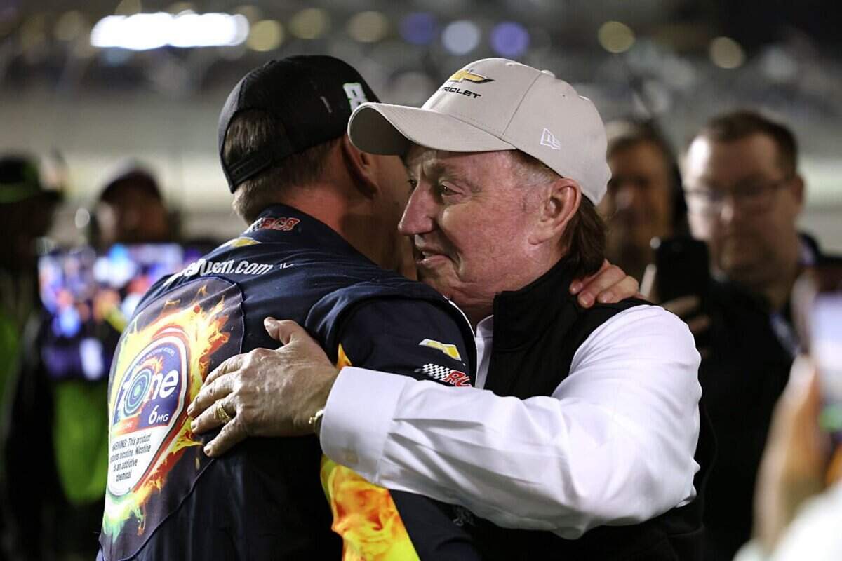 DAYTONA BEACH, FLORIDA - FEBRUARY 11: NASCAR Hall of Famer and RCR team owner, Richard Childress congratulates Kyle Busch, driver of the #8 zone Jalapeno Lime Chevrolet, after winning the pole award during qualifying for the NASCAR Cup Series Daytona 500 at Daytona International Speedway on February 11, 2026 in Daytona Beach, Florida. (Photo by Kevin C. Cox/Getty Images)
