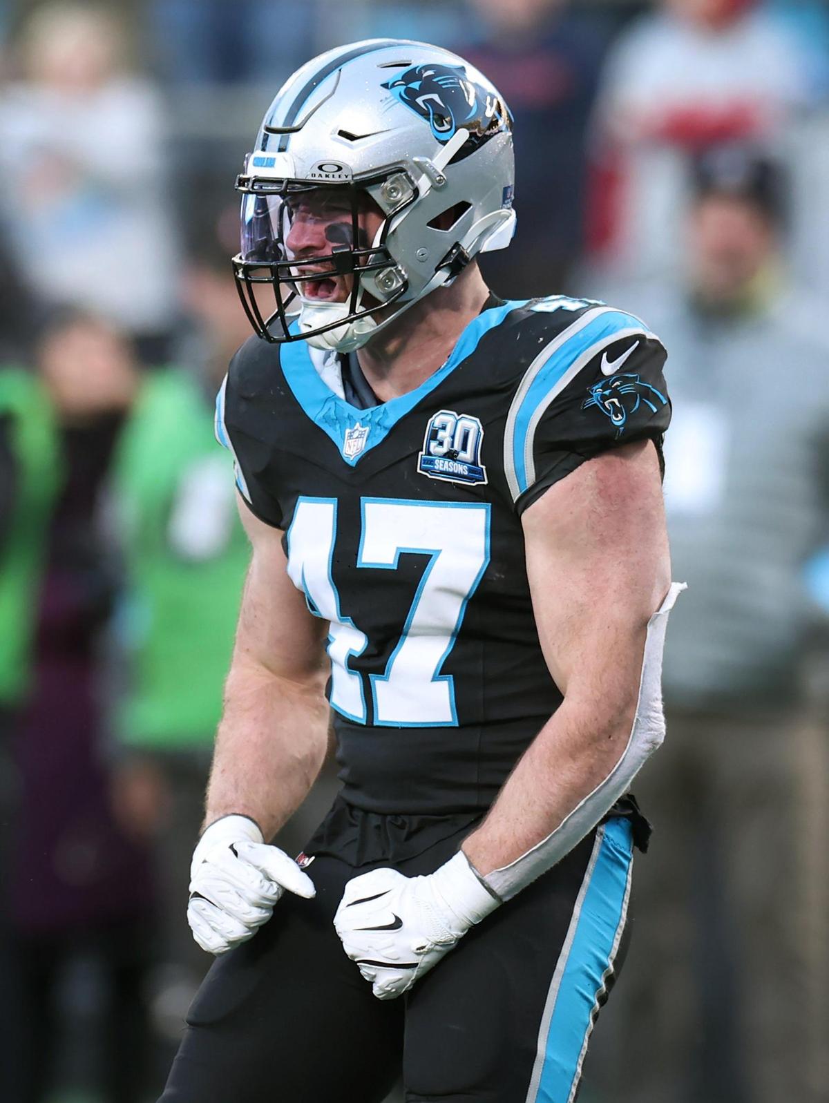 Carolina Panthers linebacker Josey Jewell celebrates his sack of Arizona Cardinals quarterback Kyler Murray during action at Bank of America Stadium in Charlotte, NC on Sunday, December 22, 2024. The Panthers defeated the Cardinals 36-30 in overtime.