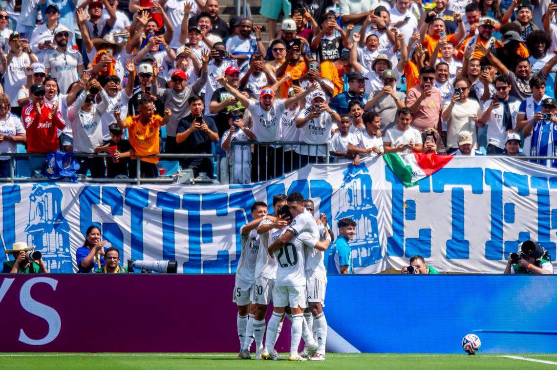 The Real Madrid team celebrates after scoring a goal during the FIFA Club World Cup game between Real Madrid and Pachuca in Charlotte, NC, Sunday, June 22, 2025.