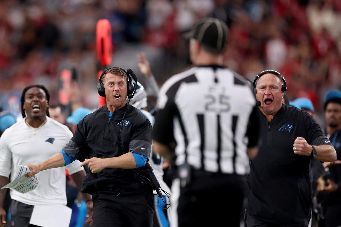 Offensive coordinator Brad Idzik reacts during a game against the Cardinals at State Farm Stadium on Sept. 14, 2025 in Glendale, Arizona.