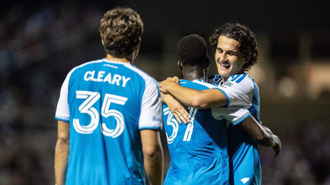 Charlotte FC celebrates a goal against the Charlotte Independence at Mecklenburg County Regional Sportsplex in Matthews, North Carolina, on April 15, 2026. 