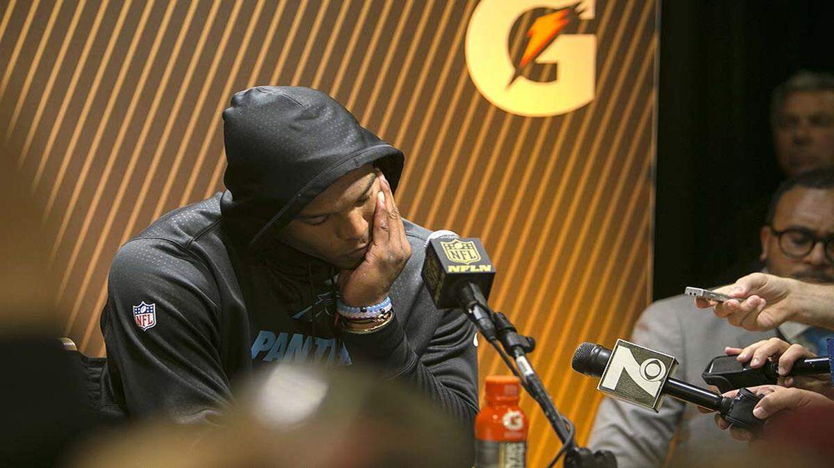 Carolina Panthers quarterback Cam Newton speaks to the media at a post-game news conference following a 24-10 loss against the Denver Broncos in Super Bowl 50 at Levi's Stadium in Santa Clara, Calif., on Sunday, Feb. 7, 2016. (LiPo Ching / Bay Area News Group / TNS)