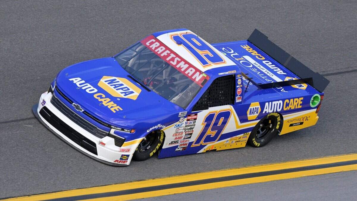 Christian Eckes (19) during qualifying for a NASCAR truck series auto race at Daytona International Speedway, Friday, Feb. 17, 2023, in Daytona Beach, Fla. (AP Photo/Phelan M. Ebenhack)