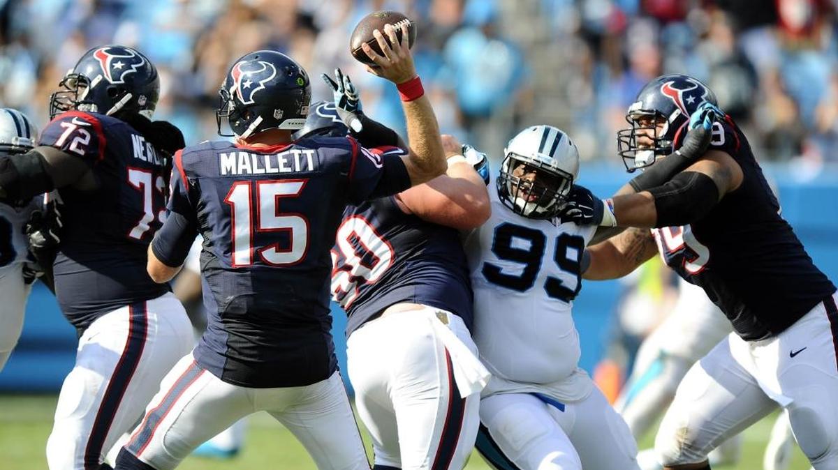 
Carolina Panthers defensive tackle Kawann Short (99) pressures Houston Texans quarterback Ryan Mallett (15) in the Sept. 20 game at Bank of America Stadium.
