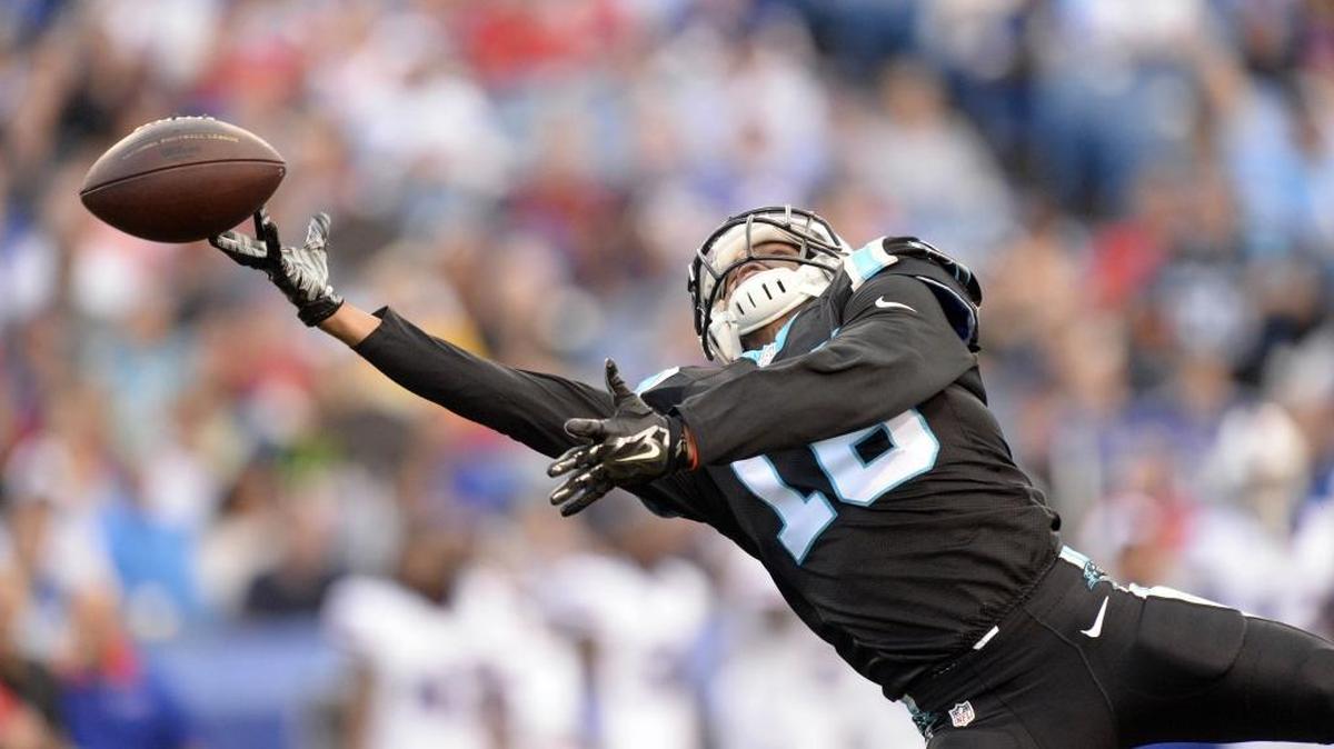 
Carolina Panthers' Corey Brown just misses a long pass from Cam Newton in Friday’s preseason game with Buffalo. 
