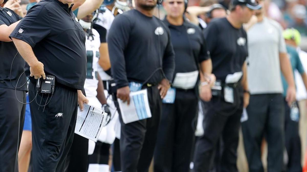 Head coach Chip Kelly of the Philadelphia Eagles looks on from the sidelines during a game against the Jacksonville Jaguars at Lincoln Financial Field.