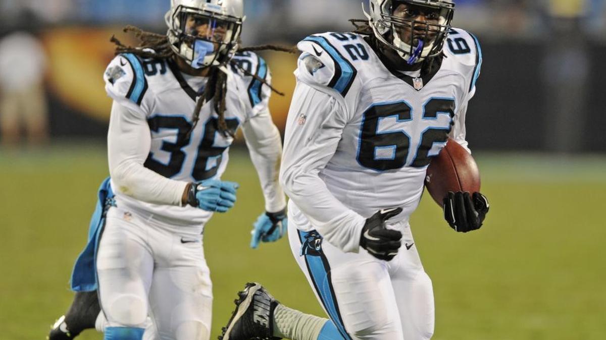 
Carolina Panthers defensive tackle Terry Redden (62) almost returned an interception against the Miami Dolphins into a touchdown on Saturday. Almost. 
