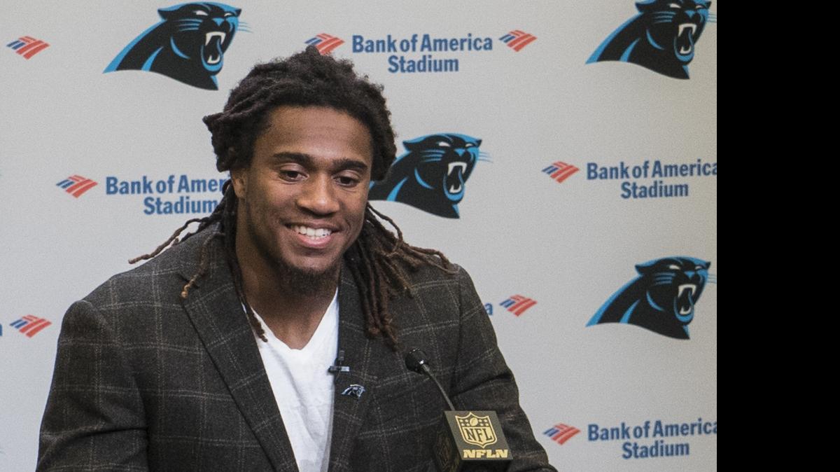 
Panthers first-round draft pick Shaq Thompson meets the press, Friday, May 1, 2015, at Bank of America Stadium in Charlotte.
