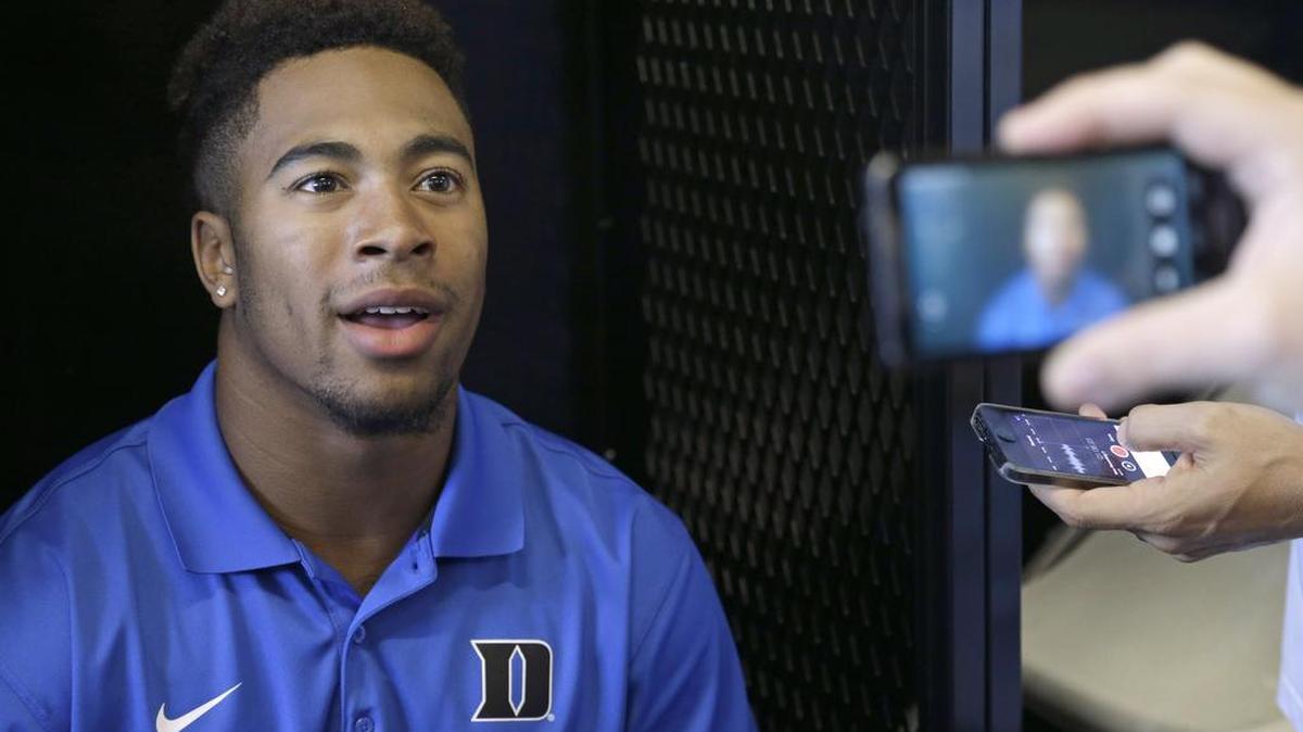 
Duke safety Deondre Singleton answers questions during the team's NCAA college football media day in Durham, Wednesday, Aug. 5, 2015.
