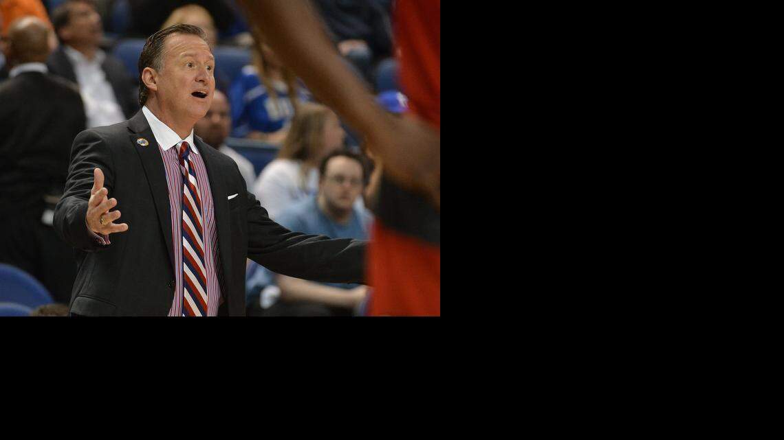 
N.C. State head coach Mark Gottfried pleads with game officials for a call at the ACC tournament in Greensboro, March 12, 2015.
