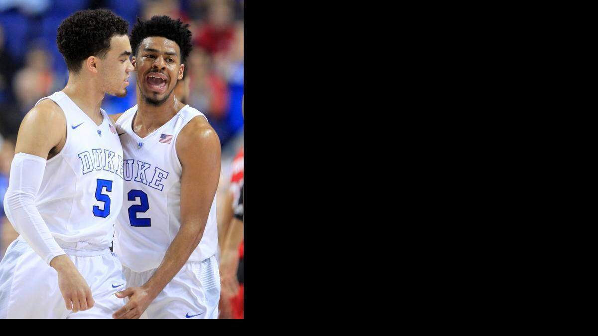 
For Duke’s Tyus Jones (5) and Quinn Cook, the road to the Final Four begins close to home on Friday in Charlotte, where the Blue Devils take on the North Florida-Robert Morris winner. 
