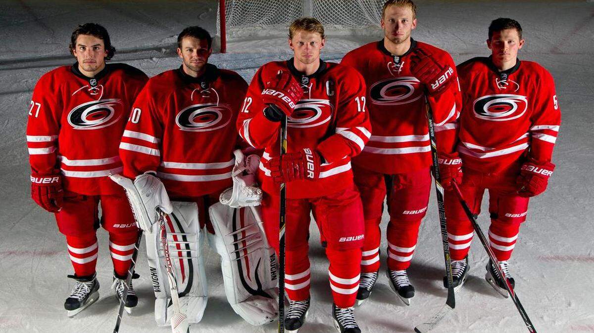 
The Carolina Hurricanes’ Cam Ward, Eric Staal, Jordan Staal and Jeff Skinner (shown here with Justin Faulk, left) all have the same agent and are all high-priced, popular and potentially tradeable players.
