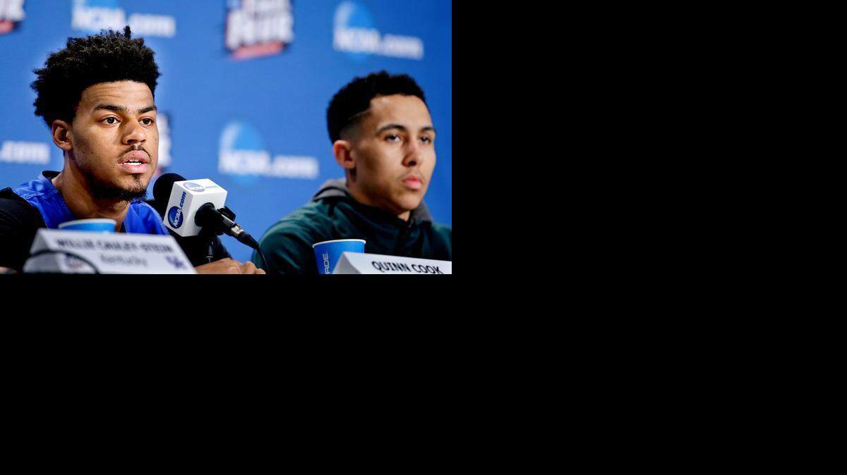 
Duke's Quinn Cook, left, and Michigan State's Travis Trice answer questions during a news conference for the NCAA Final Four tournament college basketball semifinal game Thursday, April 2, 2015, in Indianapolis. (AP Photo/Darron Cummings)
