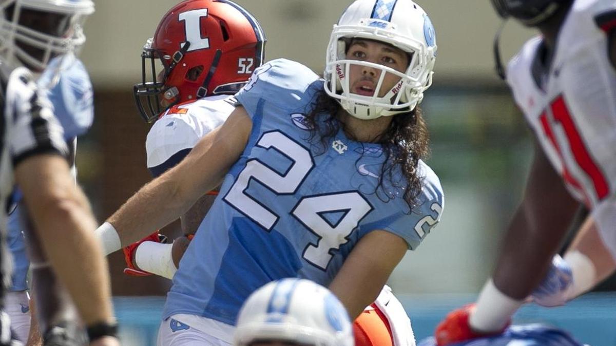 
North Carolina kicker Nick Weiler (24) eyes his 48-yard field goal attempt in the first quarter against Illinois at Kenan Stadium in Chapel Hill.
