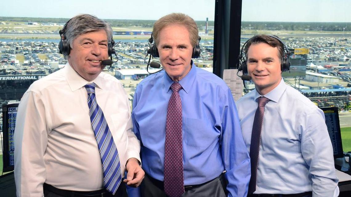 Darrell Waltrip (center), joined by Mike Joy (left) and Jeff Gordon on Fox Sports telecasts of NASCAR races, will retire from broadcasting after the 2019 season.