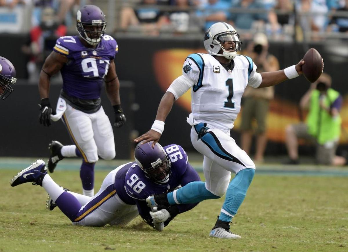 Carolina Panthers quarterback Cam Newton (1) had a hard time escaping Minnesota last year, as the Vikings sacked Newton eight times on their way to a 22-10 win.