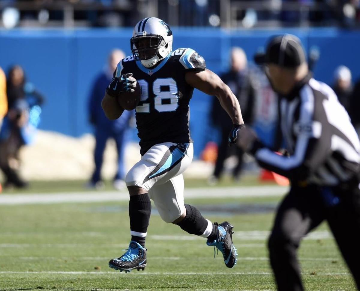 Carolina Panthers running back Jonathan Stewart (28) burst free for a 60-yard TD run against Minnesota Dec. 10th -- one of Stewart’s three TDs on the day.