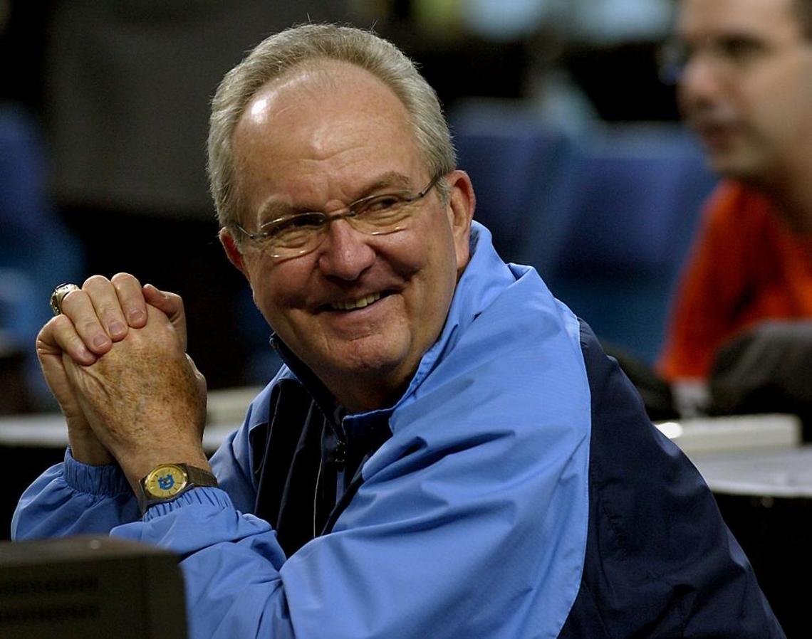 Woody Durham is seen in 2005 at the Final Four in St. Louis, a few days before Durham called the action for North Carolina’s 2005 national championship win. Durham, a fixture in the broadcasting booth for 40 years for UNC basketball and football games, died in March at age 76.