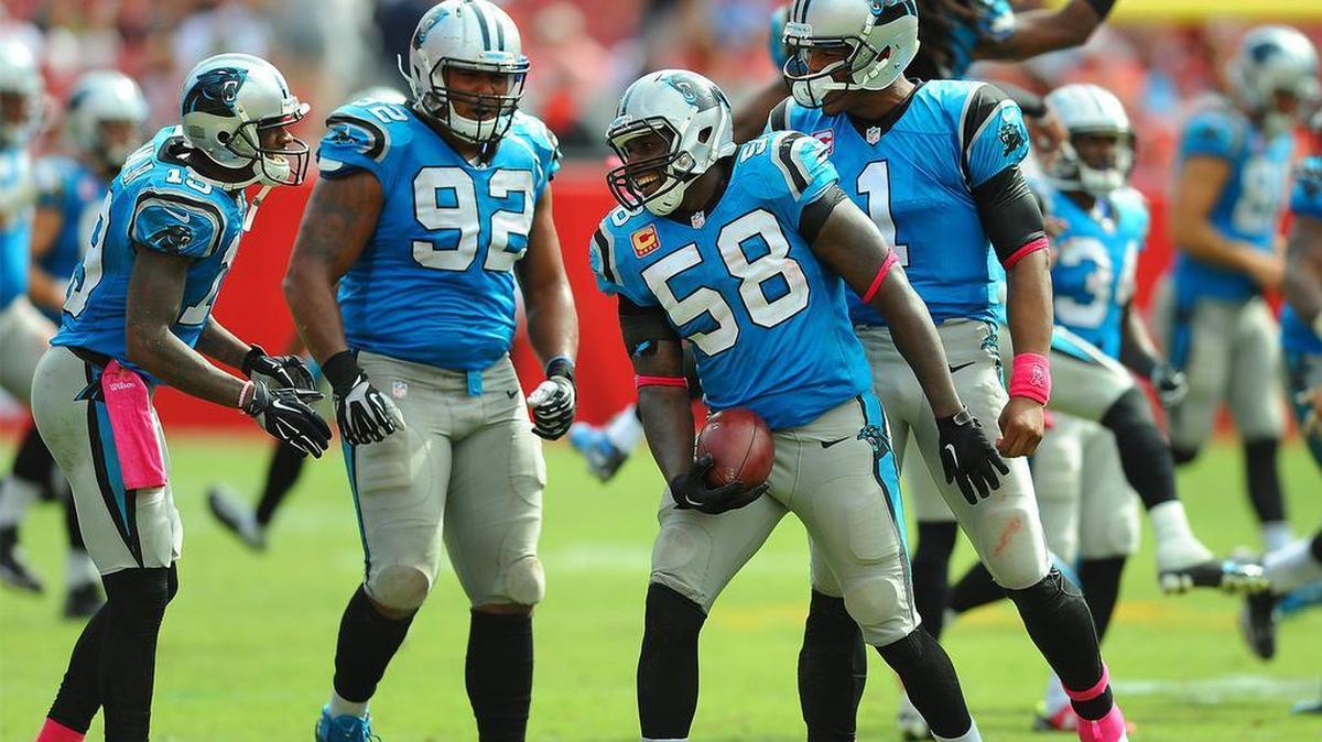 
Carolina Panthers linebacker Thomas Davis, front/center, celebrates his interception of a pass by Tampa Bay Buccaneers quarterback Jameis Winston with his teammates during fourth quarter action on Sunday, October 4, 2015 at Raymond James Stadium in Tampa, Fl. The Panthers defeated the Buccaneers 37-23.
