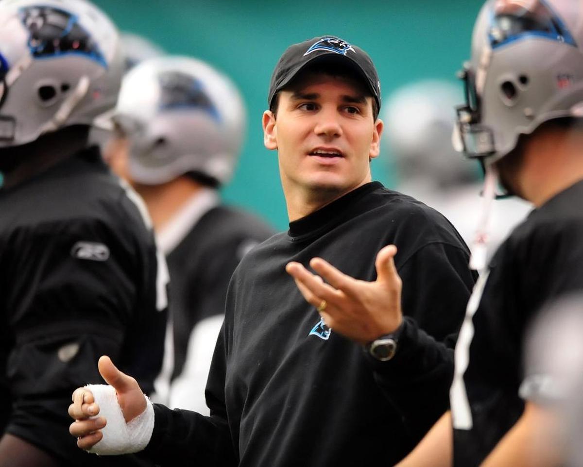 Former Carolina Panthers quarterback Jake Delhomme (center) said whether the team will draft a QB early in the 2020 draft is “the elephant in the room.”