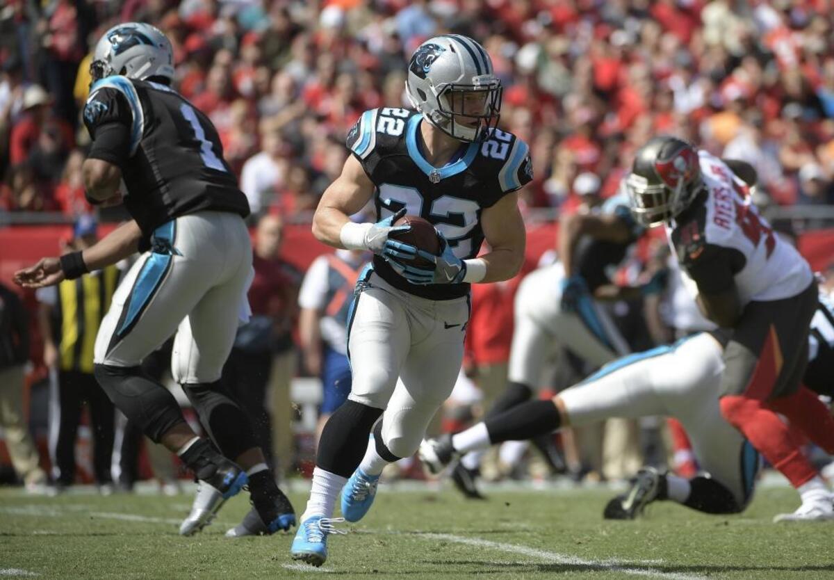 Carolina Panthers running back Christian McCaffrey (22) had several key third-down catches against Tampa Bay Sunday. McCaffrey ceded his punt-return duties to newly-signed wide receiver Kaelin Clay.