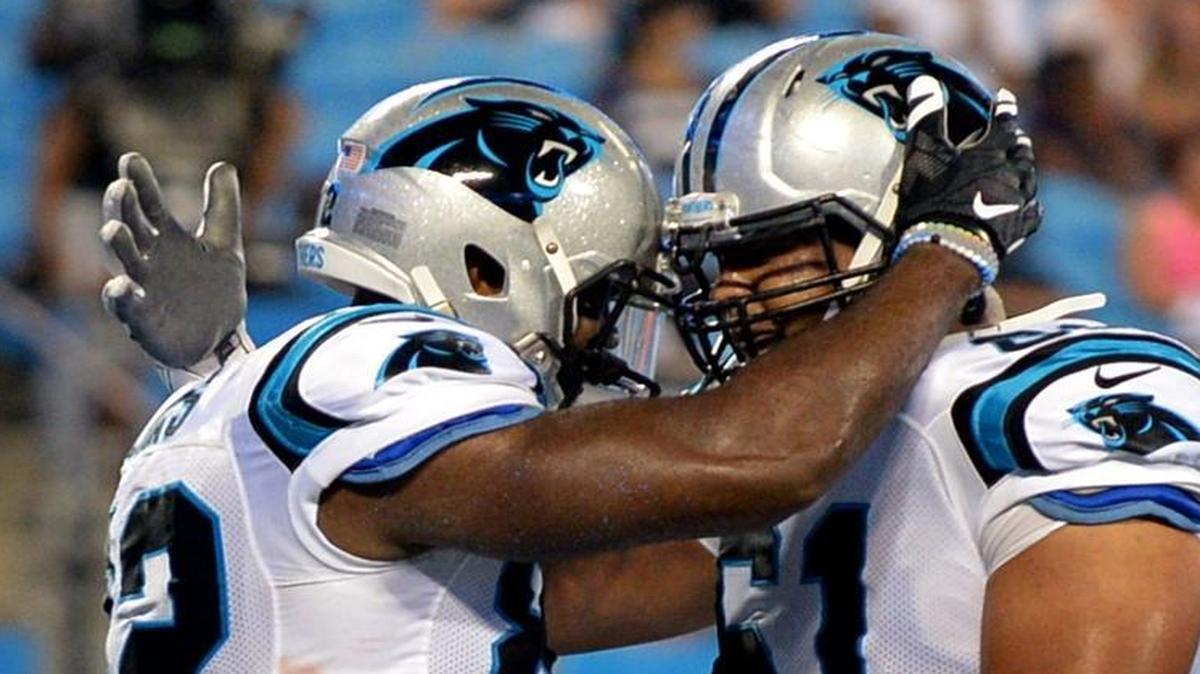 Carolina Panthers tight end Marcus Lucas, left, is congratulated by guard David Yankey after Lucas caught a touchdown pass from quarterback Joe Webb during the fourth quarter against the New England Patriots on Friday.