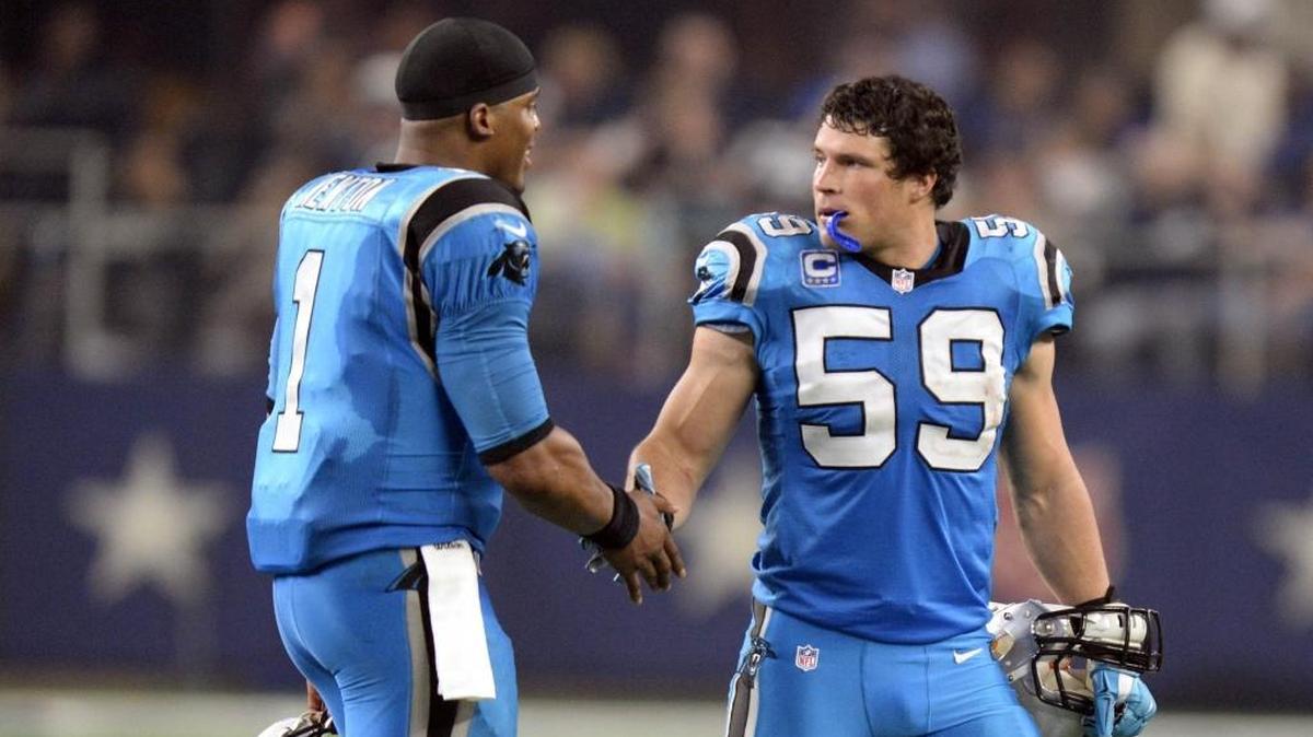Carolina’s Cam Newton (1) and Luke Kuechly (59) slap hands in 2015, the last time Carolina played the Dallas Cowboys. In that Thanksgiving Day game in Texas, Newton and Kuechly led a 33-14 romp by the Panthers over the Cowboys. The two teams square off again Sunday in Charlotte at 4:25 p.m. in the season opener for both teams.
