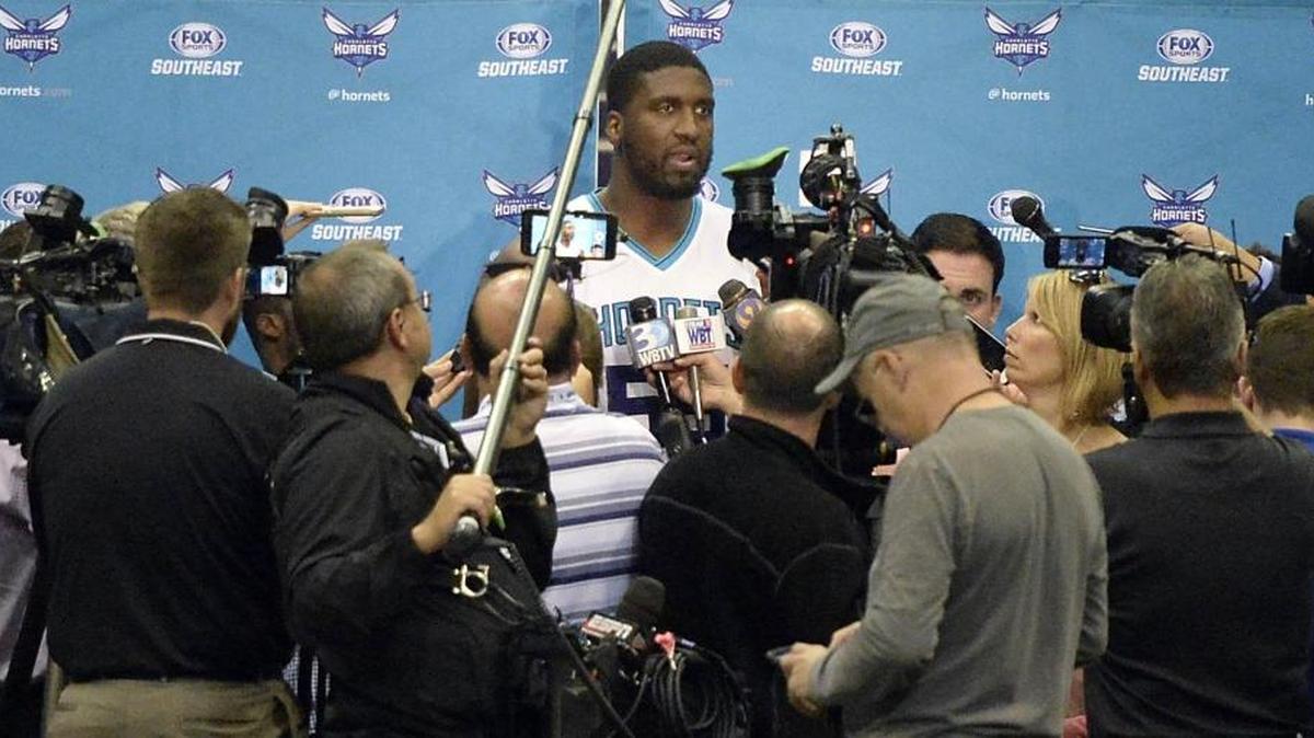 Charlotte Hornets center Roy Hibbert is surrounded during media day at the Spectrum Center on Monday. In July, Hibbert signed a one-year, $5 million deal with the Hornets.