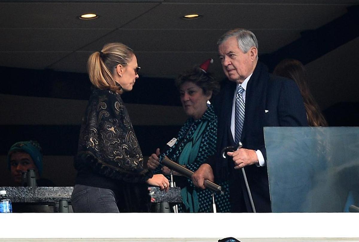 Carolina Panthers team owner Jerry Richardson, right, in his owner box prior to the Green Bay-Carolina game Sunday. Richardson, 81, has been the only owner the Panthers have ever had.