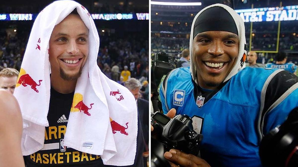 NBA star and huge Carolina Panthers fan Stephen Curry (left) believes both the Panthers, led by quarterback Cam Newton (right) and his Golden State Warriors could still be undefeated in February.