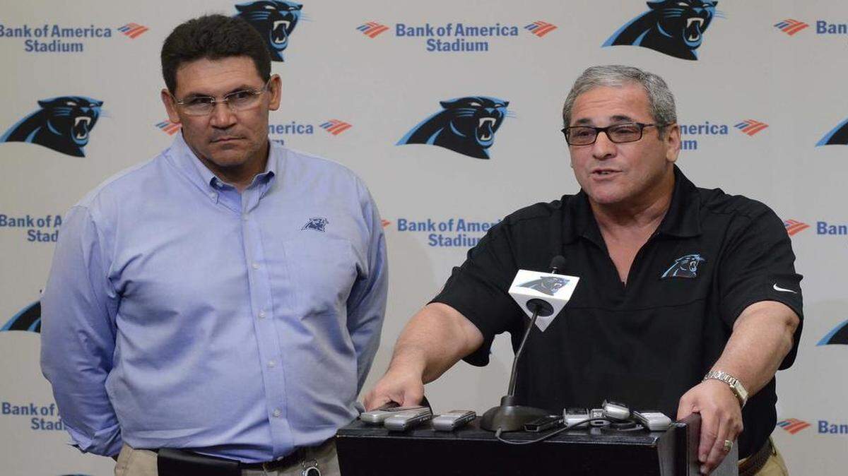 
Carolina Panthers head coach Ron Rivera (left) and general manager Dave Gettleman, speaking to the media to announce Panthers quarterback Cam Newton’s $103.8 million contract extension, both said they thought Newton could take the team to the promised land. 
