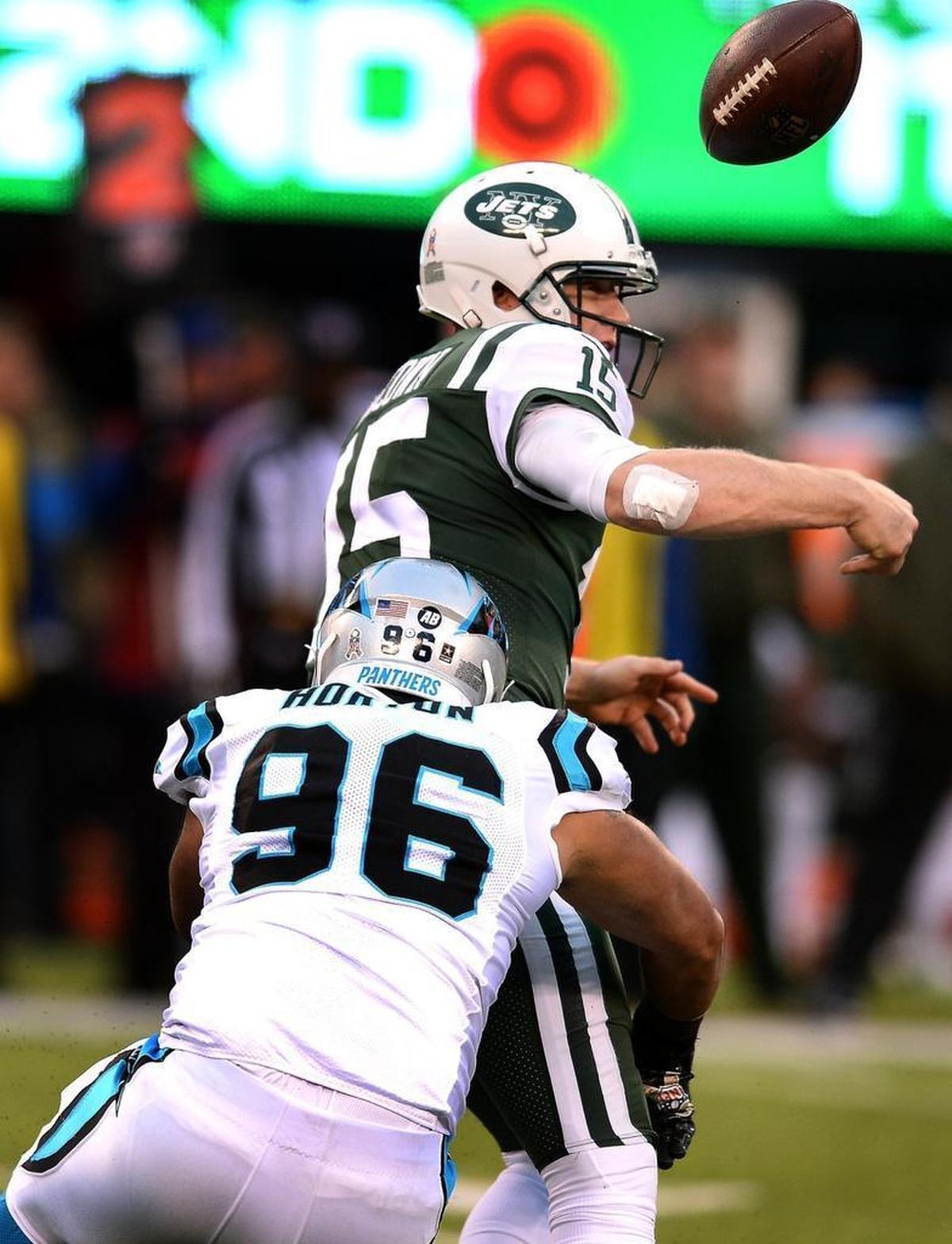 Carolina defensive end Wes Horton had a “strip sack” of New York Jets quarterback Josh McCown on Nov. 26th in the fourth quarter with the Panthers trailing, 20-18. Teammate Luke Kuechly recovered the fumble and scored.